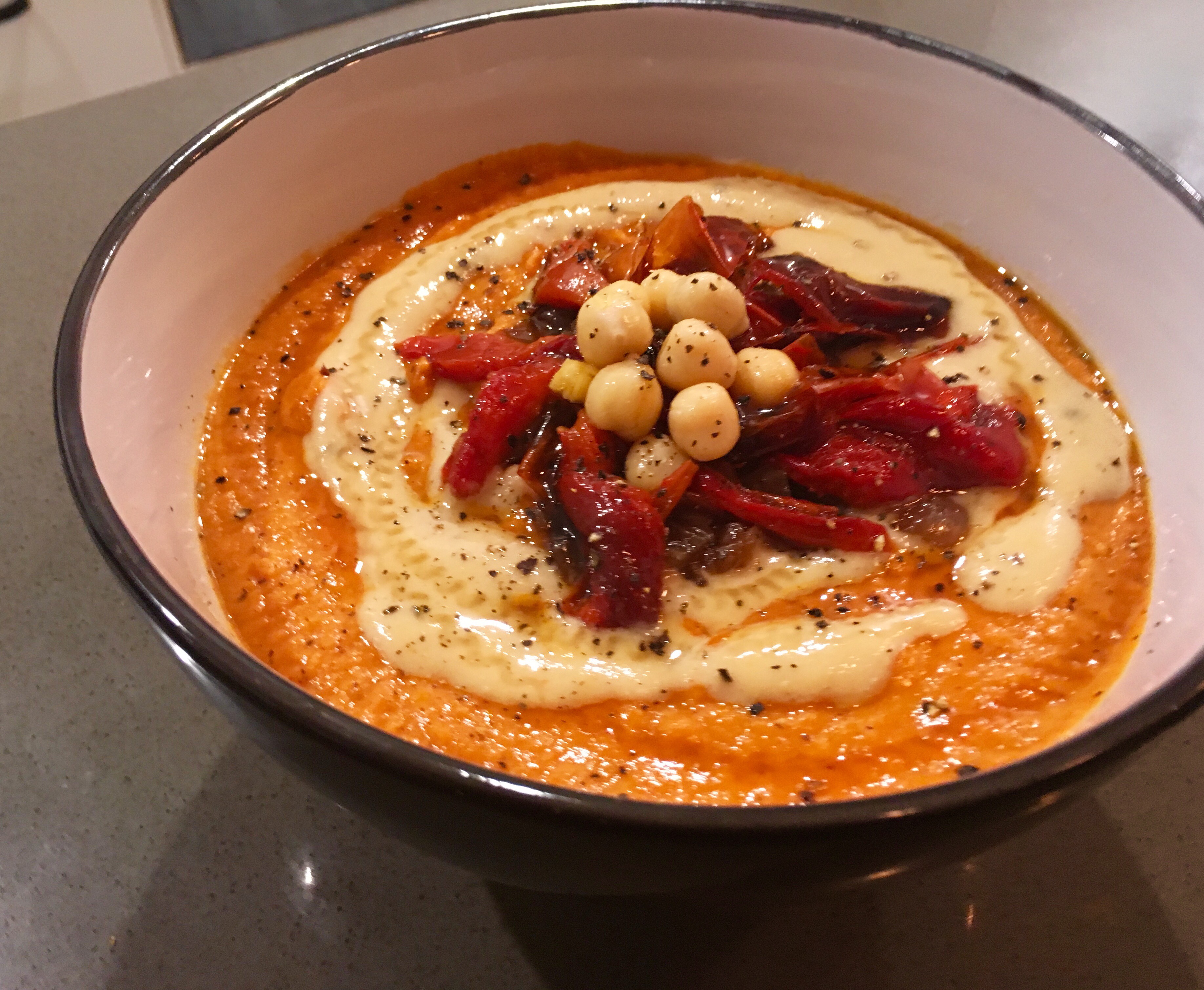 Roasted Red Pepper, Garlic and Caramelized Onion Hummus with Lemon Tahini Drizzle